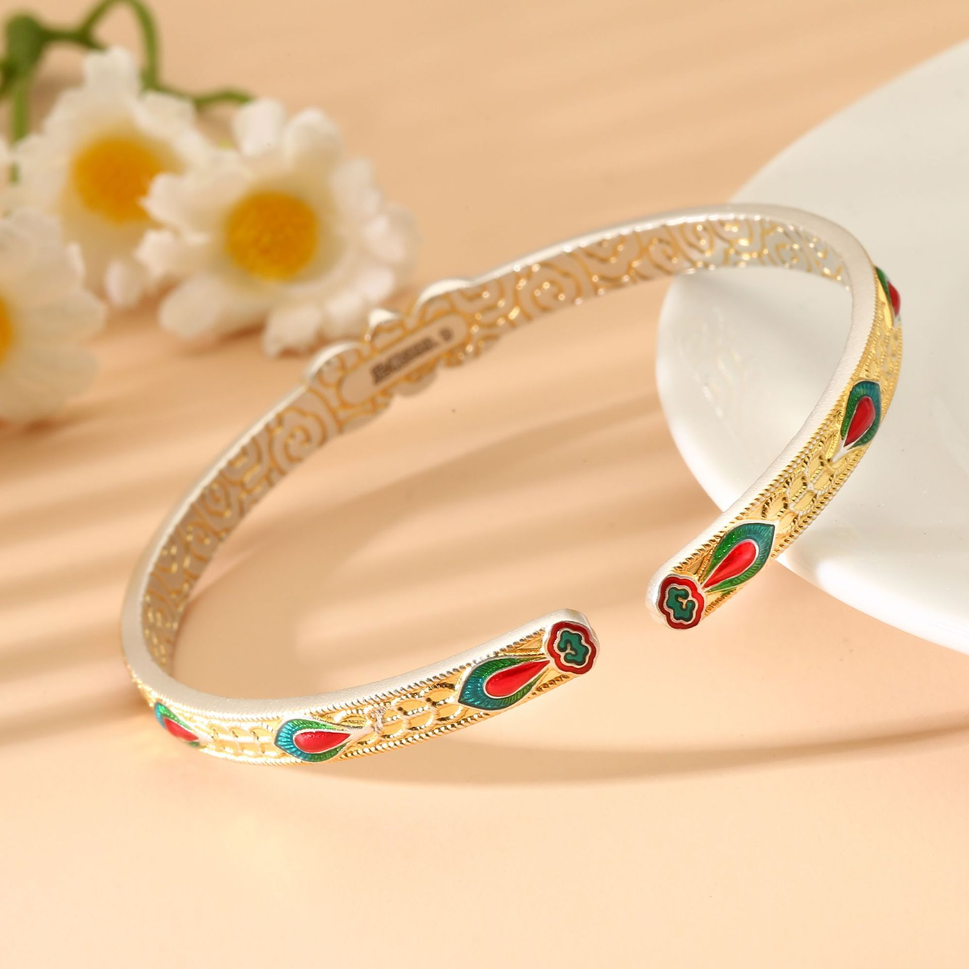 Enamel Four-Leaf Clover Open Adjustable Open Bracelet–999 Fine Silver